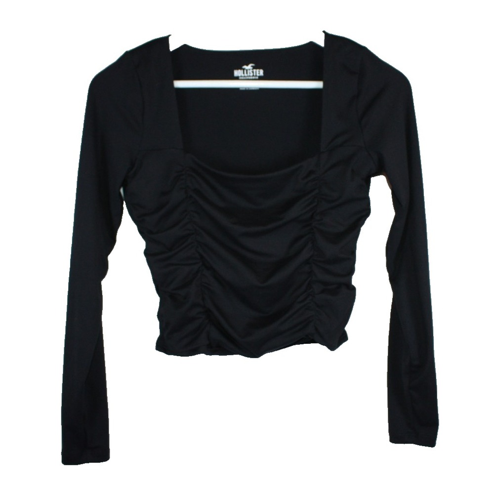 Hollister Shirt Womens Medium Black Square Neck Long Sleeve Ruched Knit Y2K Top